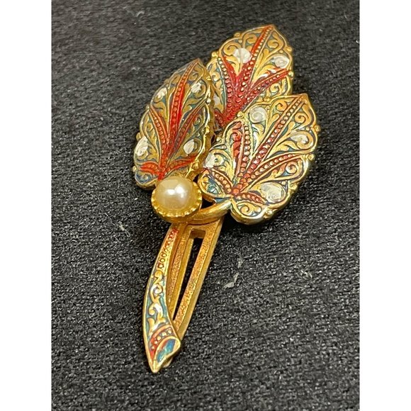 Vintage Spain Damascene Enamel Pearl Hair Clip Rare main image 6